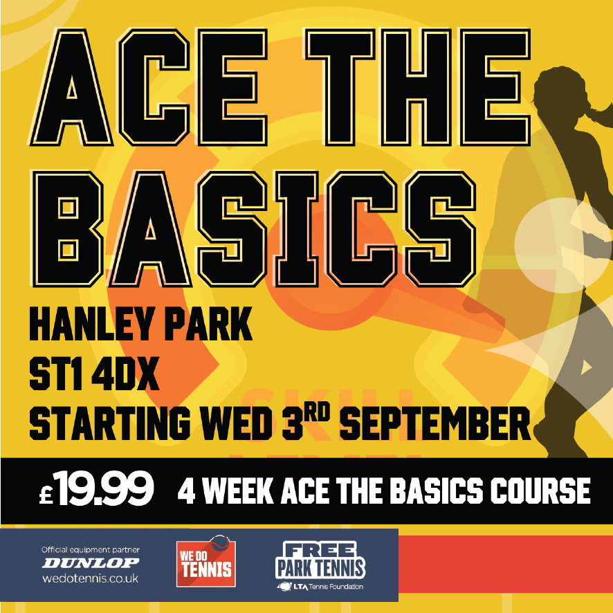 Tennis Ace the Basics course for Adults. Tennis payer on yellow background.