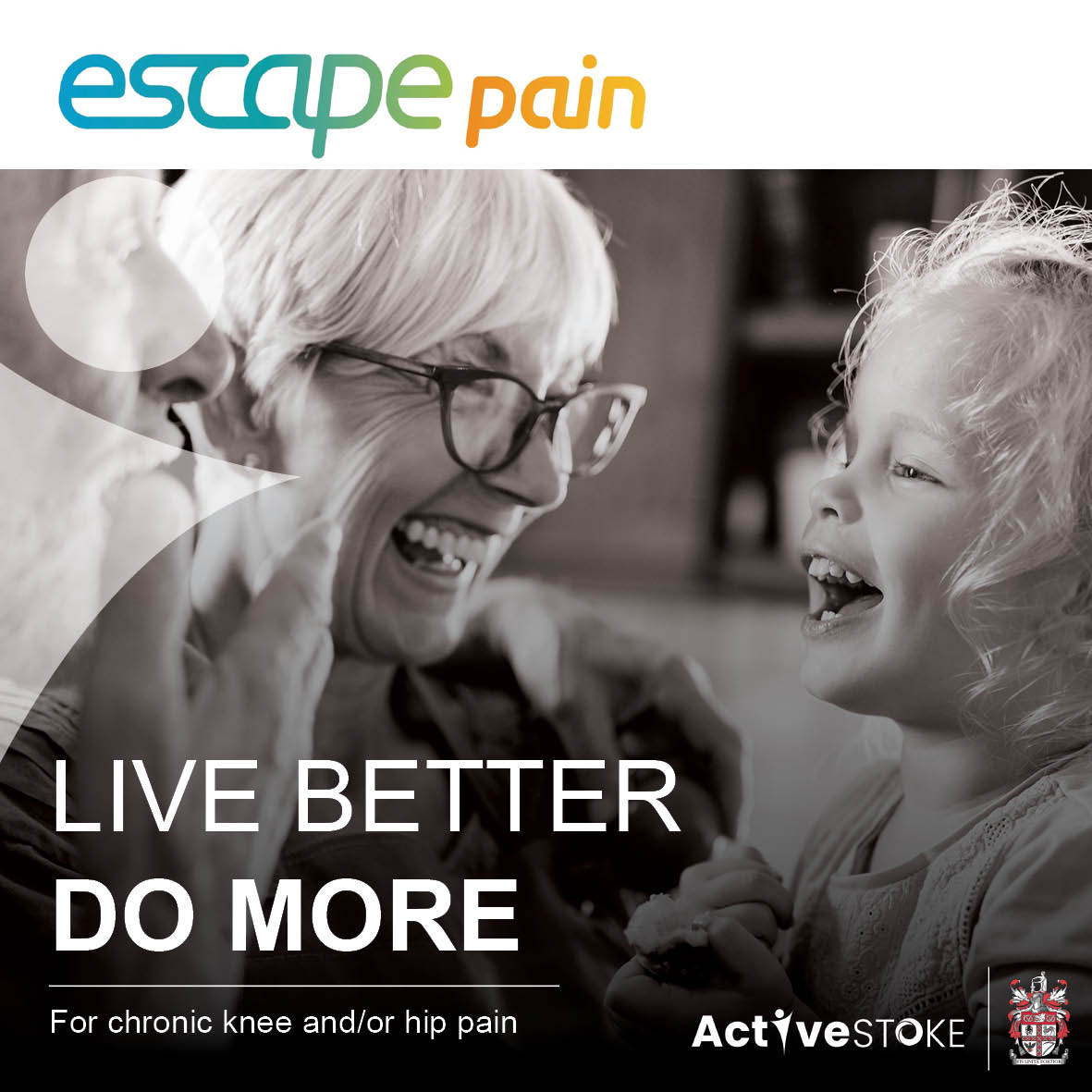 Photo shows a woman in glasses laughing joyfully with a young child. The text "LIVE BETTER DO MORE" and For chronic knee and/or hip pain