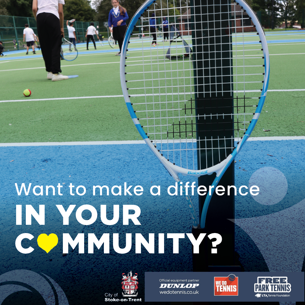 Become a Tennis Activator in your local community - tennis racket leaning on post in front of people playing a game of tennis