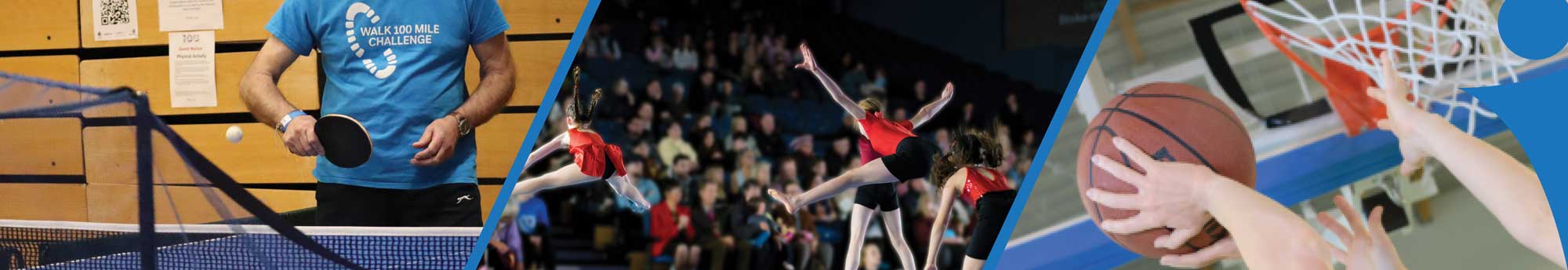 table tennis, a gynmastics event and basket ball