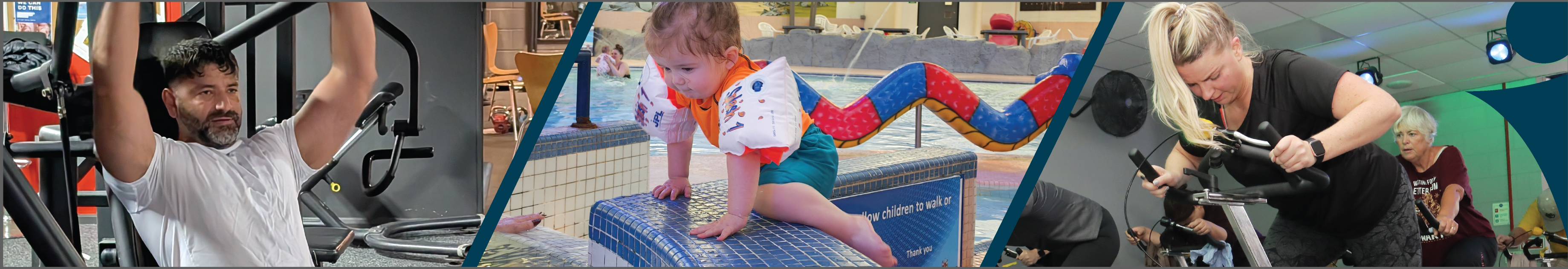 man on gym equipment baby at swimming pool and woman on bike