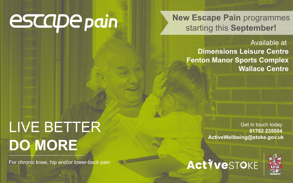Older male holding a child and smiling. Text reads: Sessions available at Dimensions Leisure Centre, Fenton Manor Sports Complex and Wallace Centre for people with chronic knee, hip or lower back pain. Contact 01782 235004
