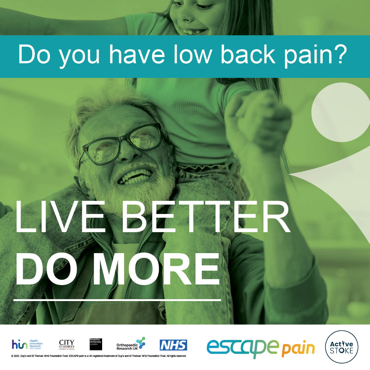 Older man smiling holding grandchild, text reads, Do you suffer low back pain? Live Better, do more.