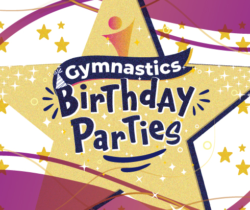 gynmastics birthday parties over a star background