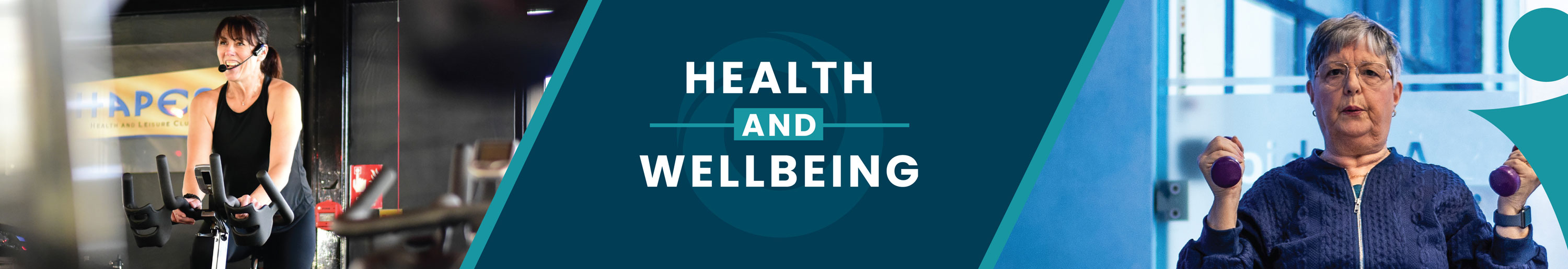 health and wellbeing words over banner image showing a woman exercising and a woman instructing a spinning class
