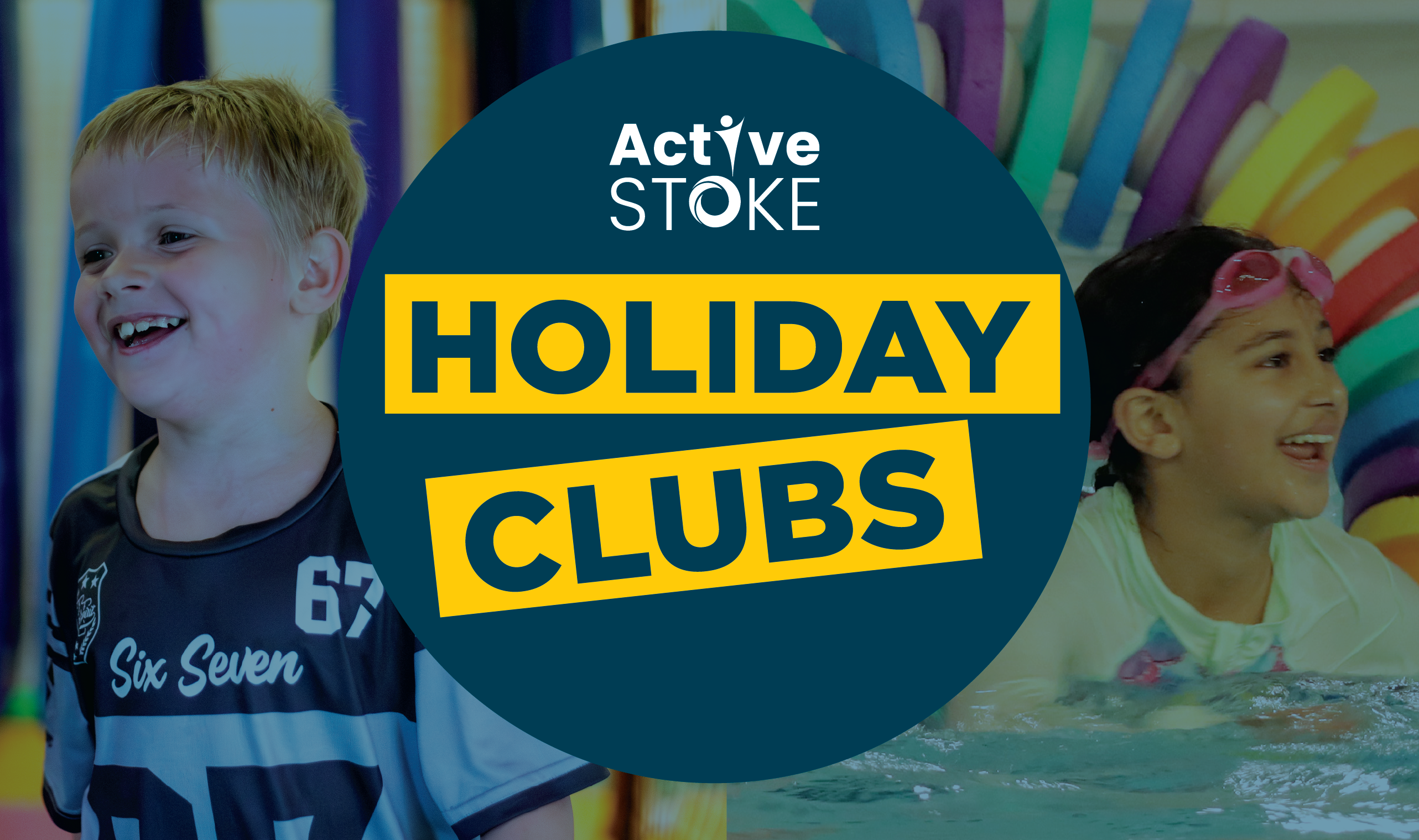 Active Stoke Holiday Camp text with images of smiling children having fun