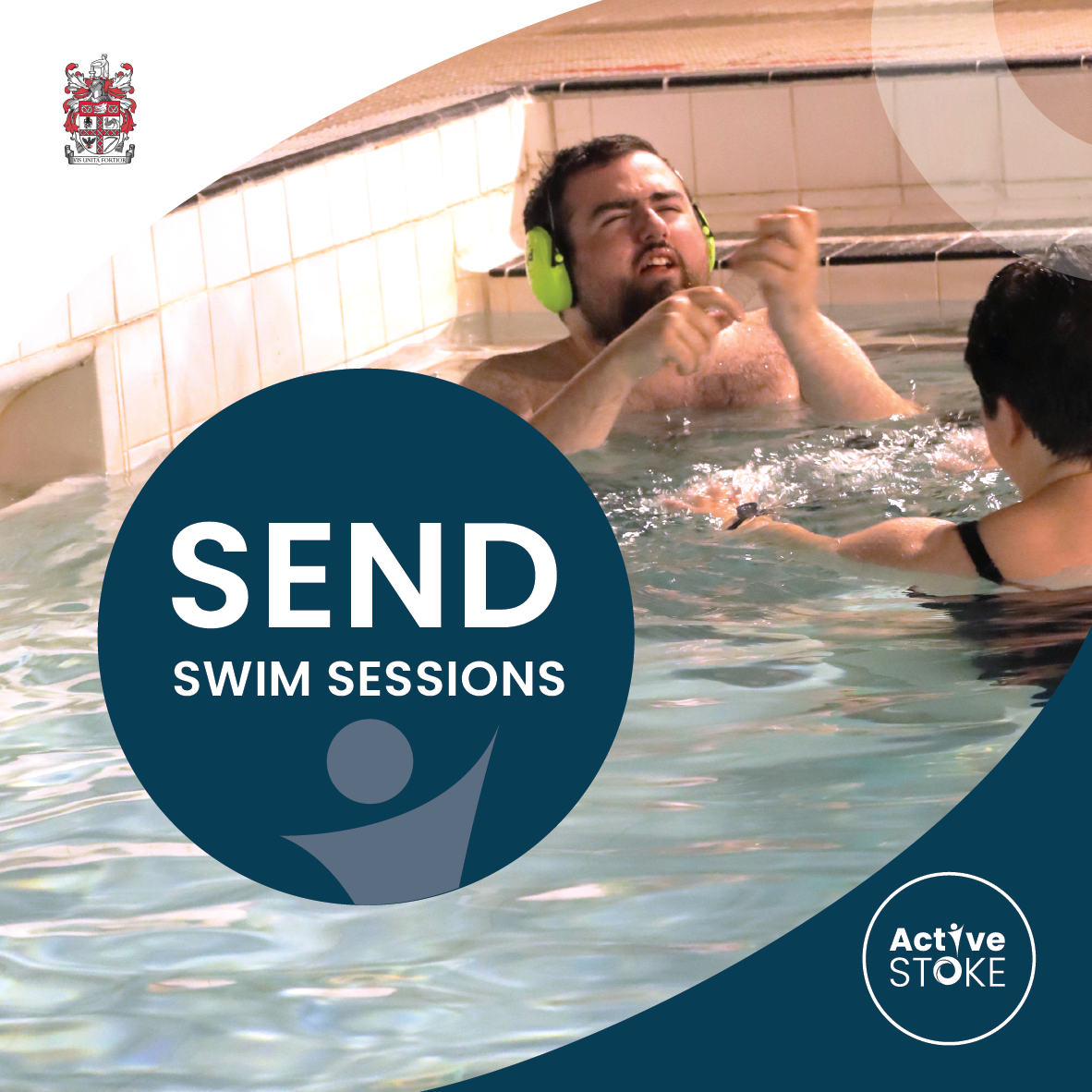 Individual with special educational needs and disabilities in a swimming pool wearing ear defenders.