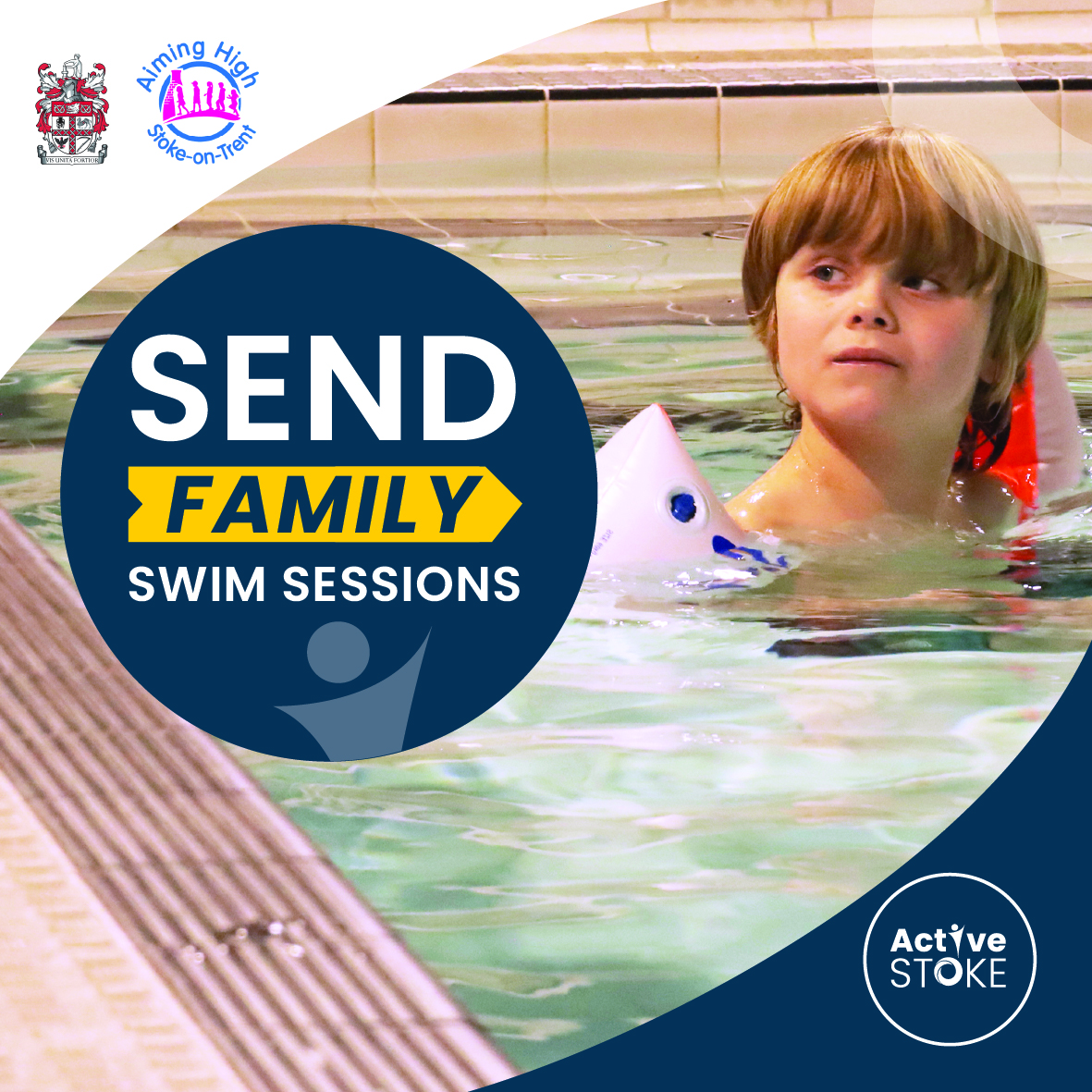 This image features a young child with shoulder-length brown hair wearing orange armbands while swimming in a pool with the text SEND FAMILY SWIM SESSIONS
