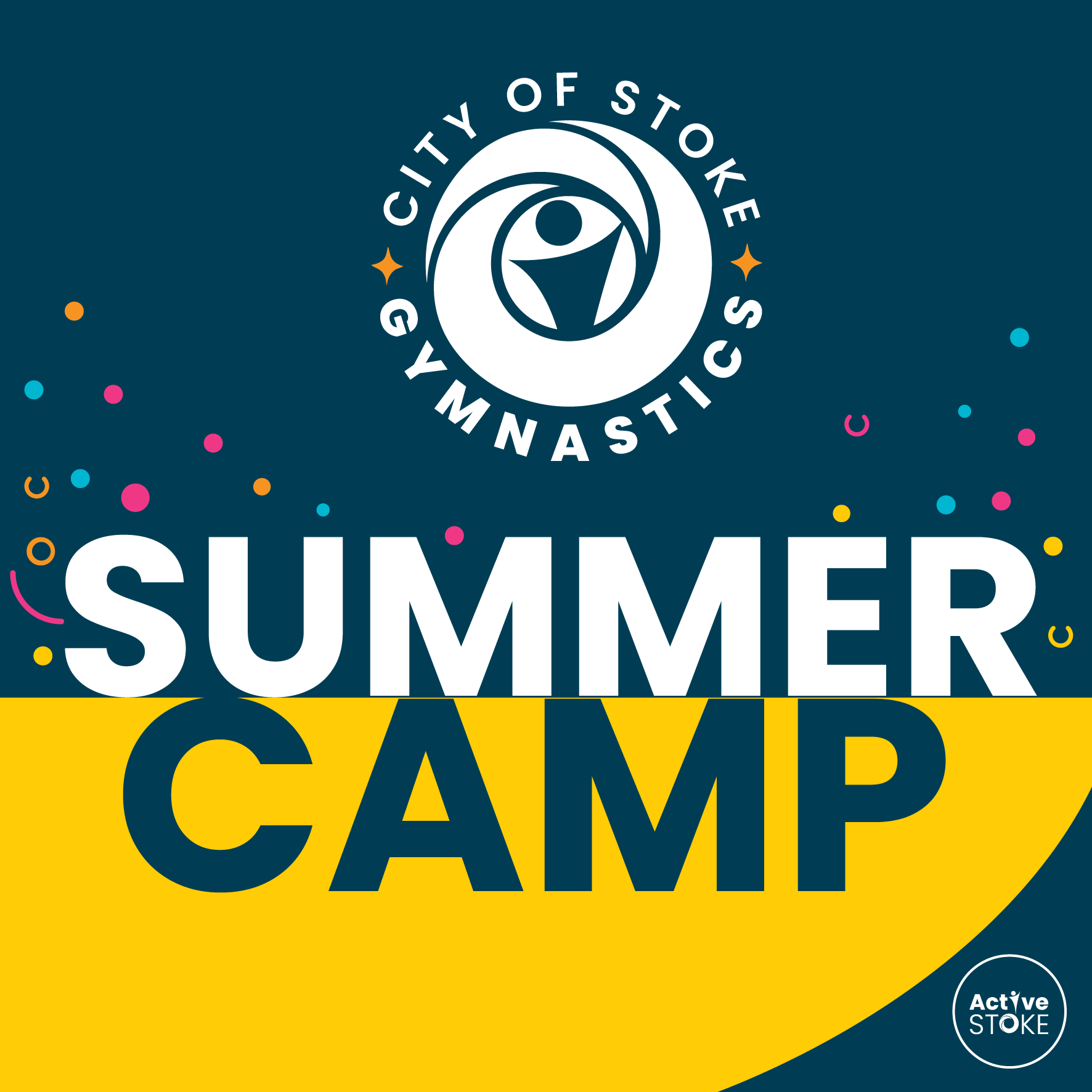 Graphic with the words: City of Stoke Gymnastics Summer Camp